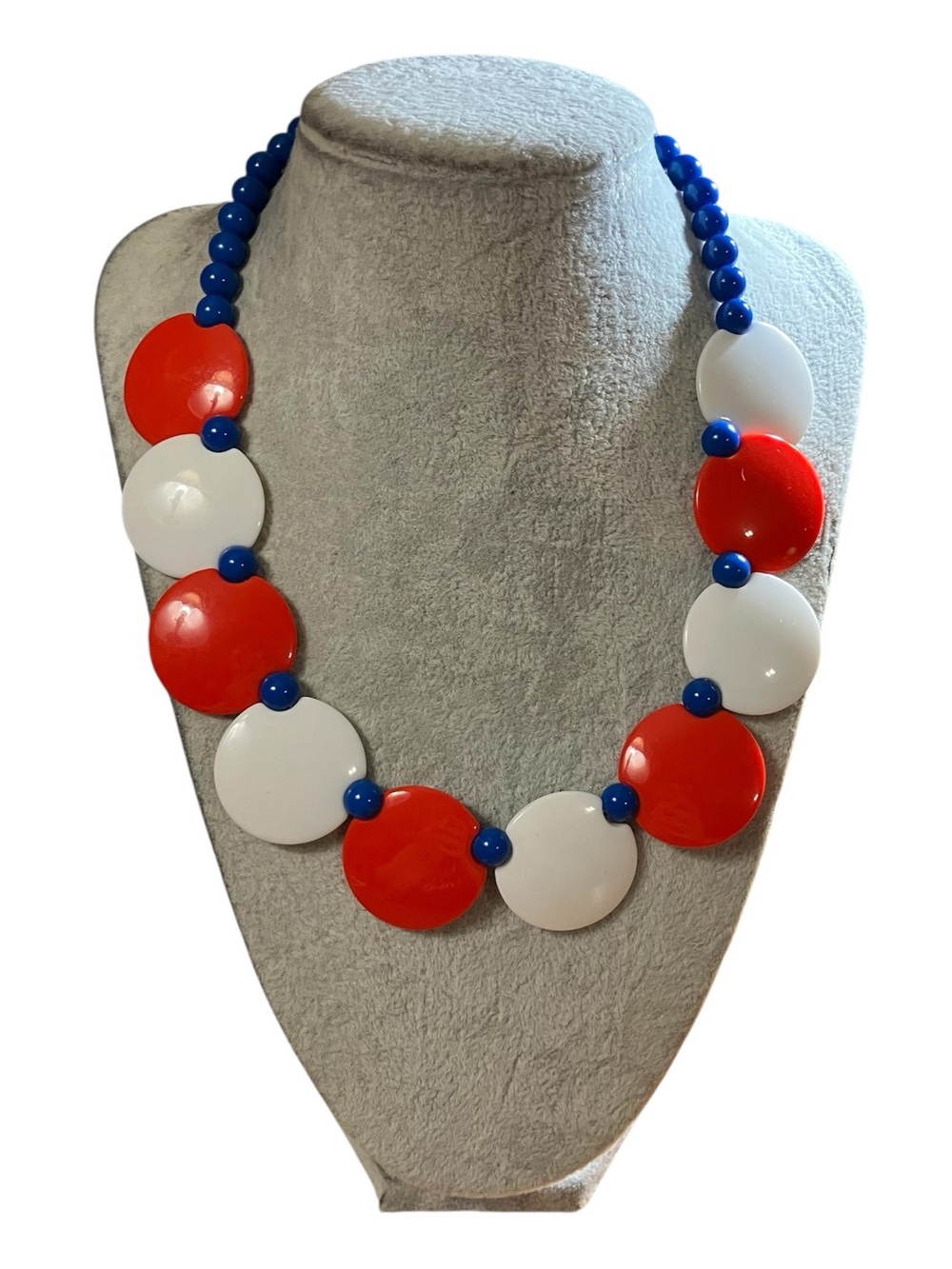 Vintage Bold Red, White & Blue Acrylic Bead Statement Necklace 16”